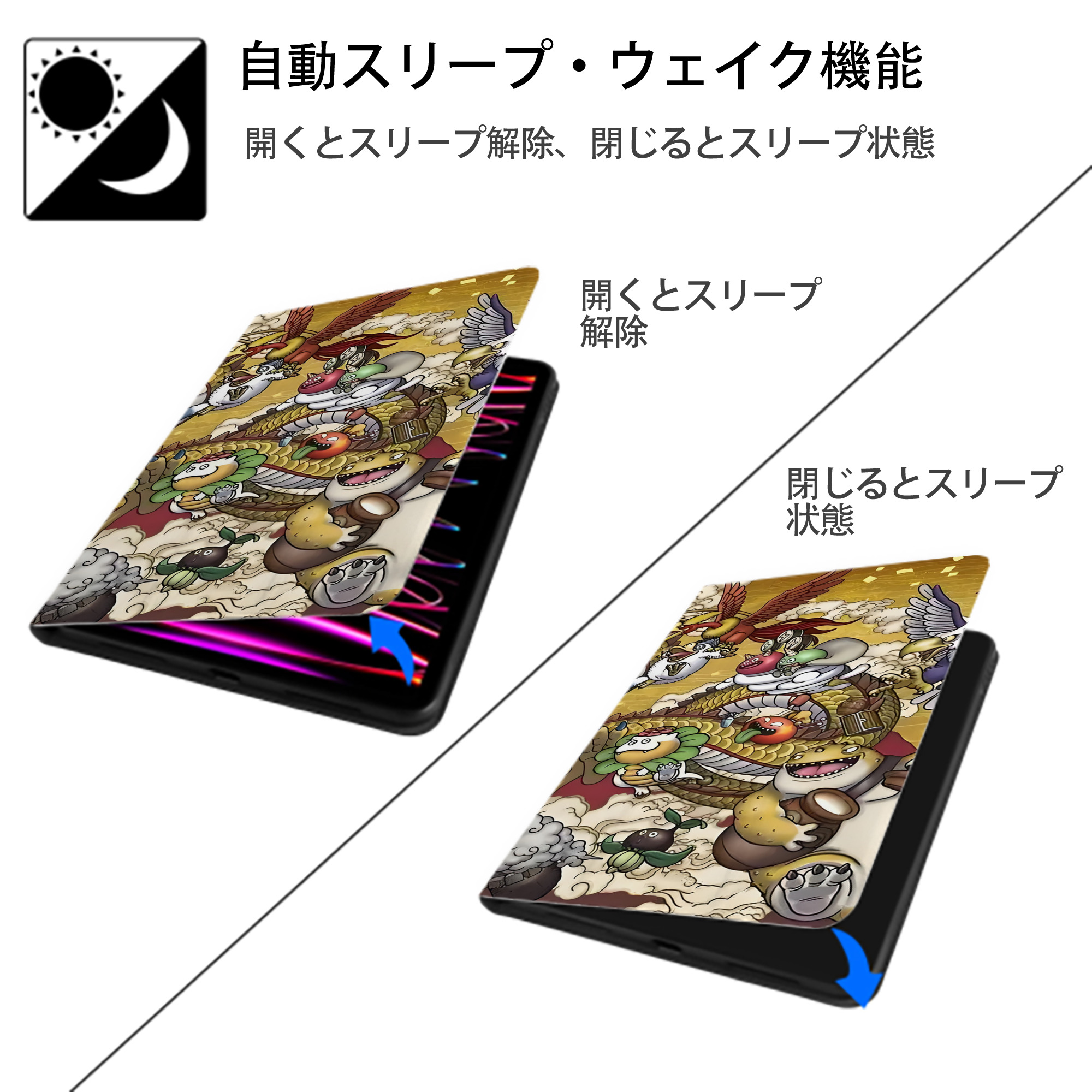 ドラゴンクエスト Doragon Kuesuto Dragon Quest IPad ケース ブック型 PUレザー TPU 耐衝撃 軽量 薄型 ペン収納なし 全面保護 IPad 各モデル対応