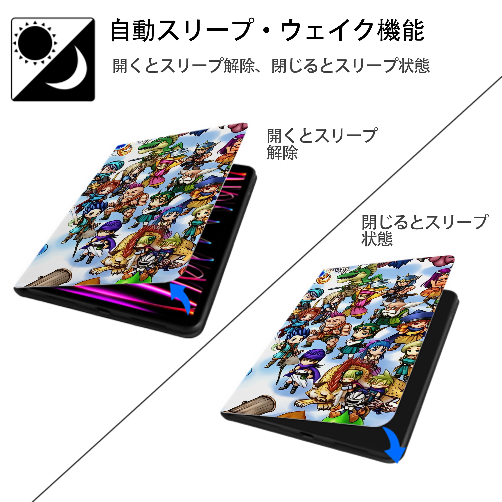 ドラゴンクエスト Doragon Kuesuto Dragon Quest IPad ケース ブック型 PUレザー TPU 耐衝撃 軽量 薄型 ペン収納なし 全面保護 IPad 各モデル対応