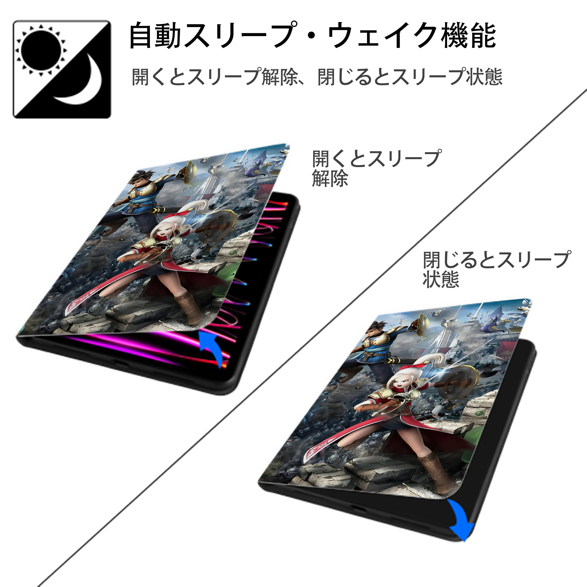 ドラゴンクエスト Doragon Kuesuto Dragon Quest IPad ケース ブック型 PUレザー TPU 耐衝撃 軽量 薄型 ペン収納なし 全面保護 IPad 各モデル対応